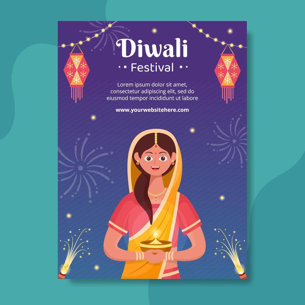 indio celebrando el día de diwali plantilla de póster dibujado a mano ilustración plana de dibujos animados vector