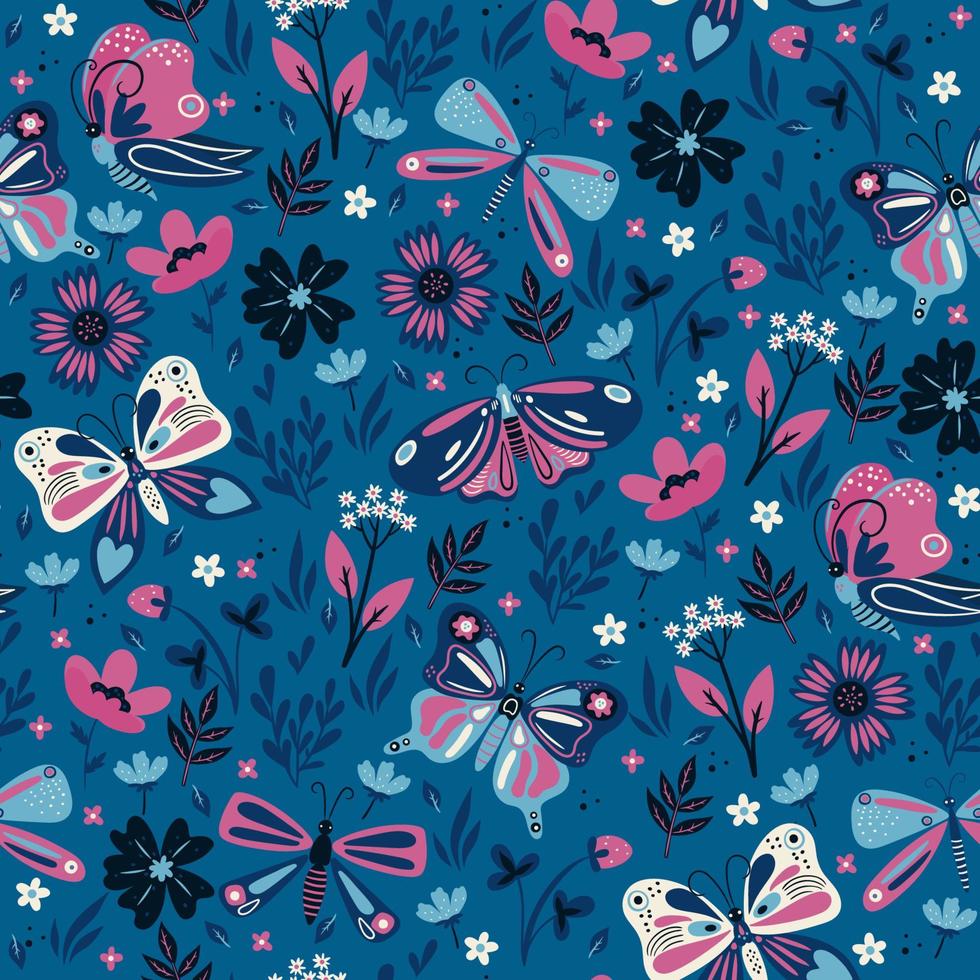 Seamless pattern with pink and blue butterflies and flowers. Vector graphics.