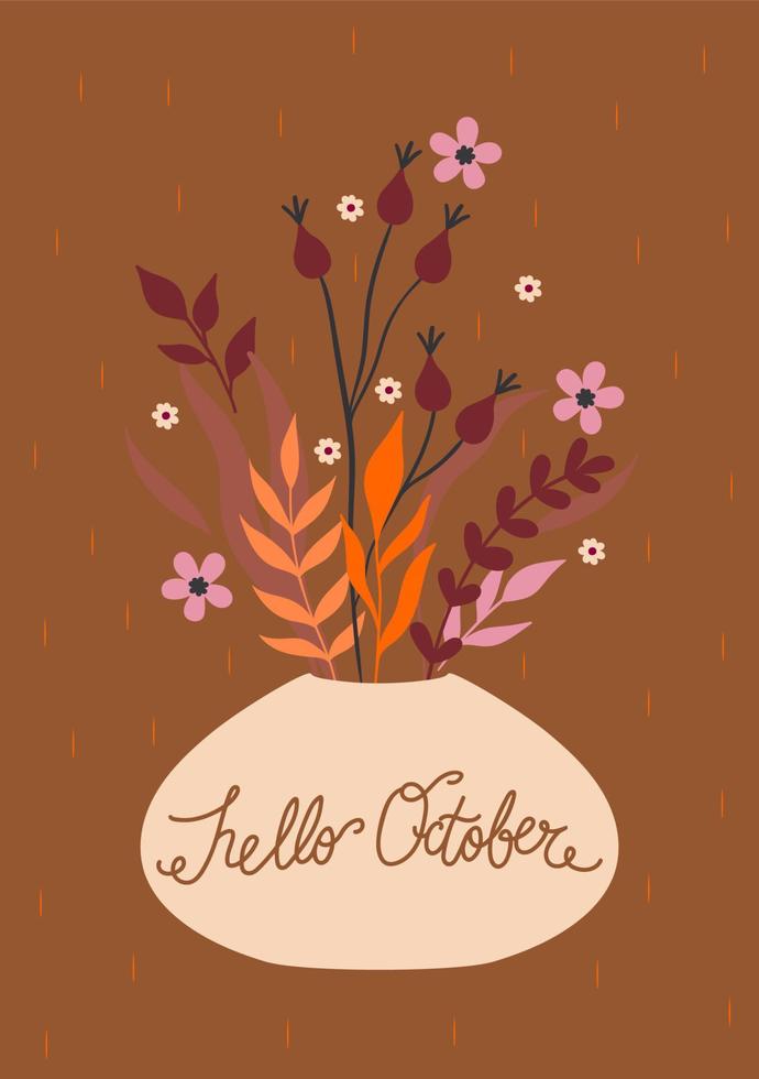 Postcard with an autumn bouquet in a vase. Vector graphics.