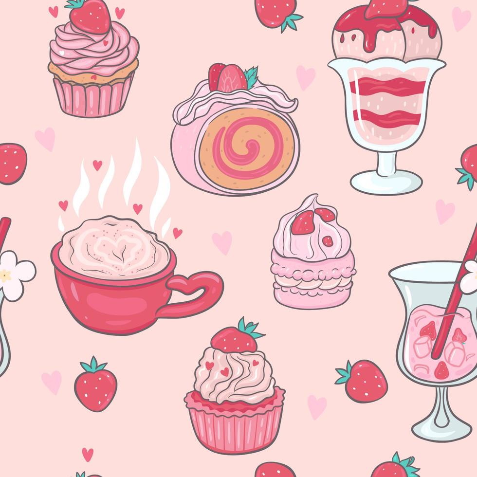 Seamless pattern with strawberry valentine's day food. Vector graphics.