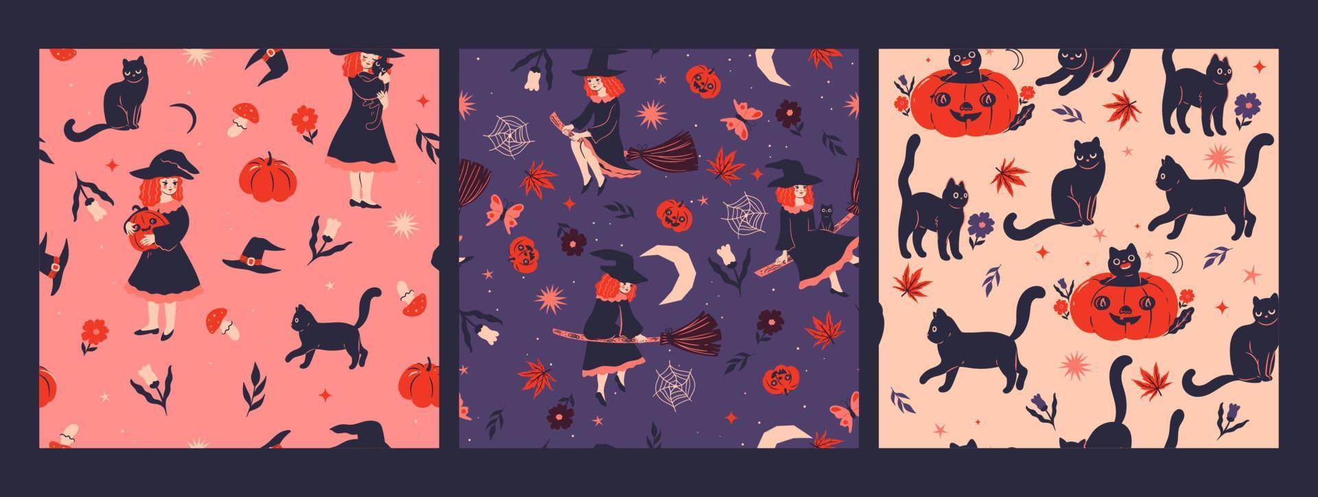 Set of witch seamless patterns. Vector graphics.
