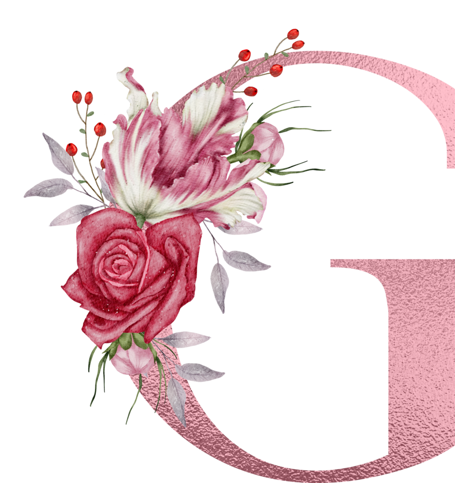 flores em aquarela com alfabeto de ouro rosa png