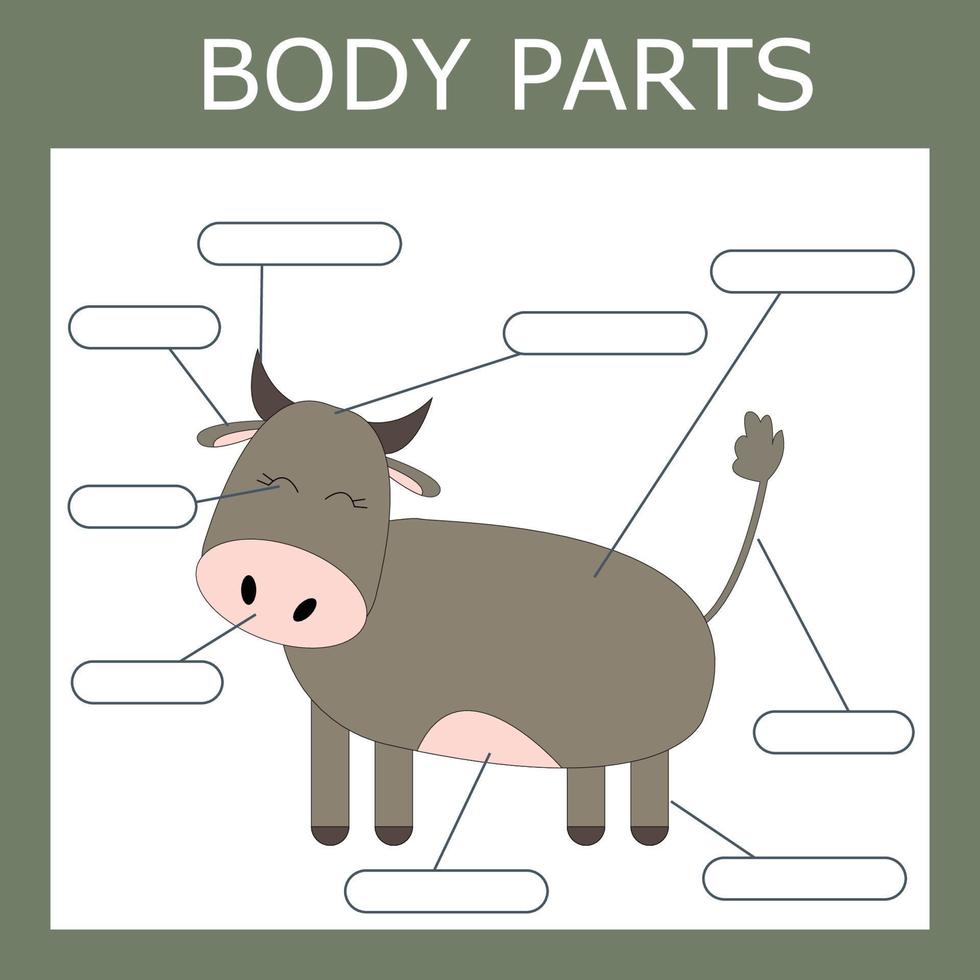 Escribe las partes del cuerpo de la vaca. juego educativo para niños. vector