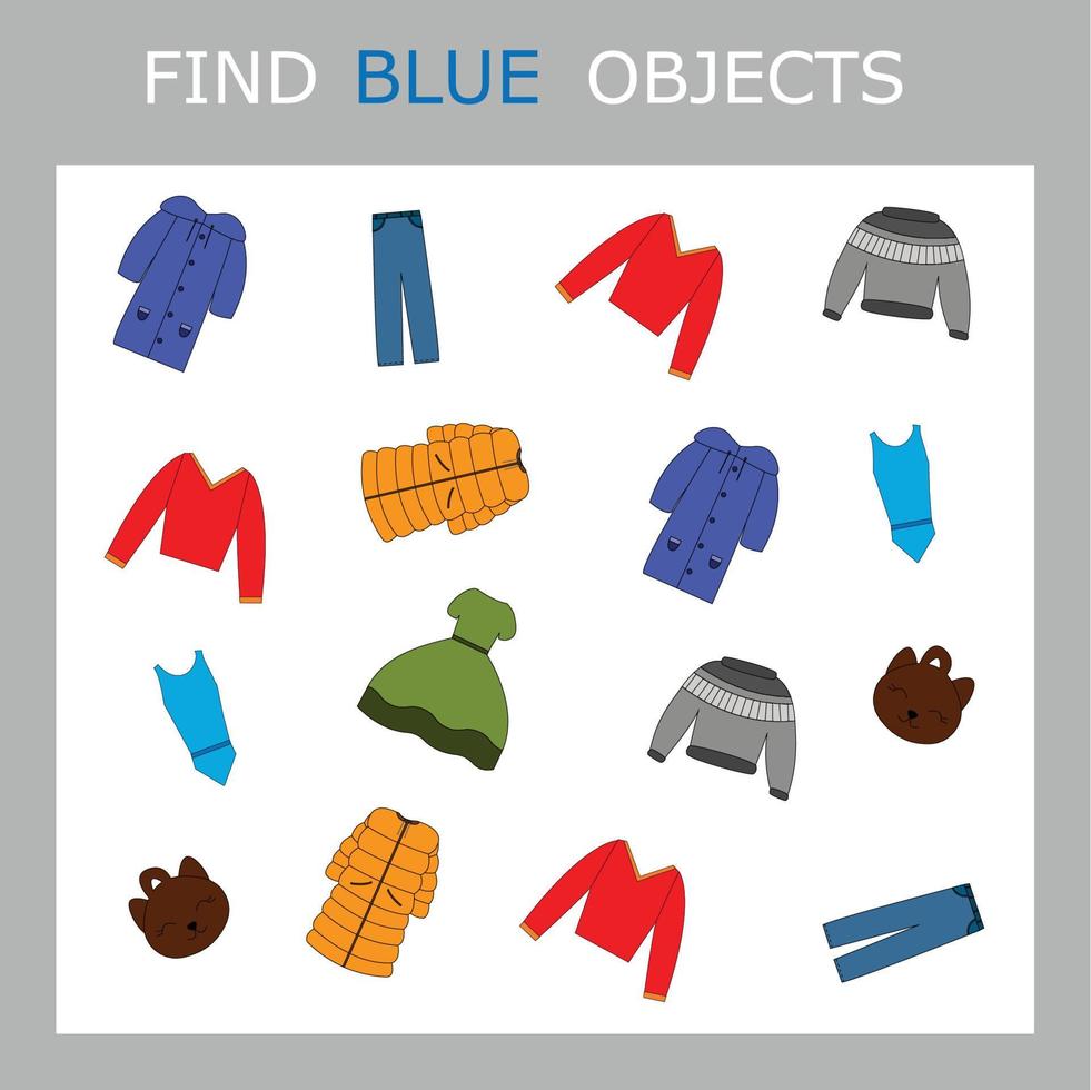 encuentra el personaje de ropa azul entre otros. buscando azul. juego de lógica para niños. vector