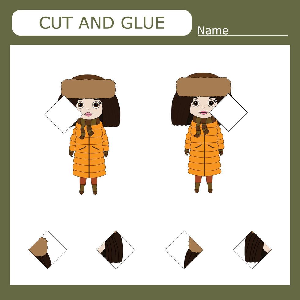 Vector illustration of an cute  little girl who needs to pick up and cut out the missing detail. Educational paper game for kids. Cutout and gluing