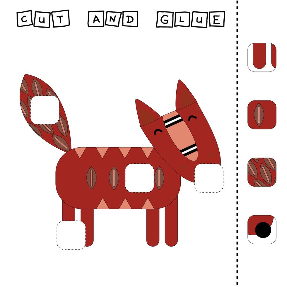Paper game for the development of preschoolers. Cut out parts of the image and glue on the fox. A fun game for kids vector