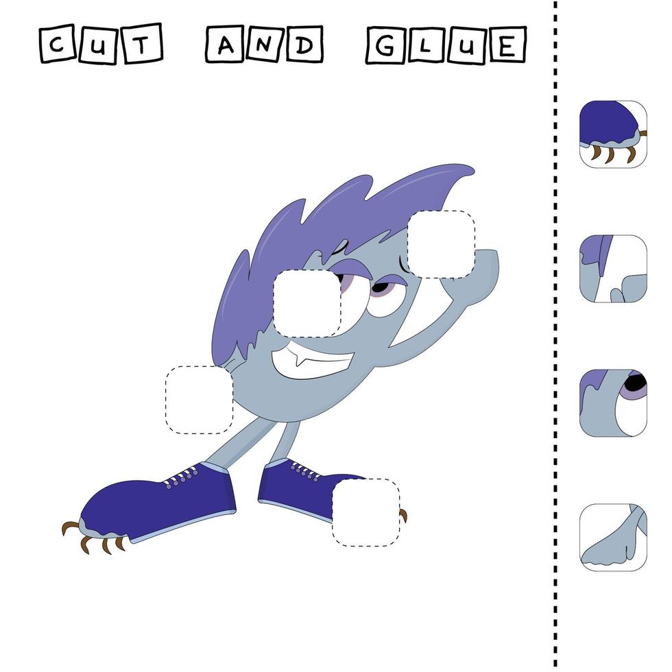 worksheet vector design, the task is to cut and glue a piece on bright monster.  Logic game for children.