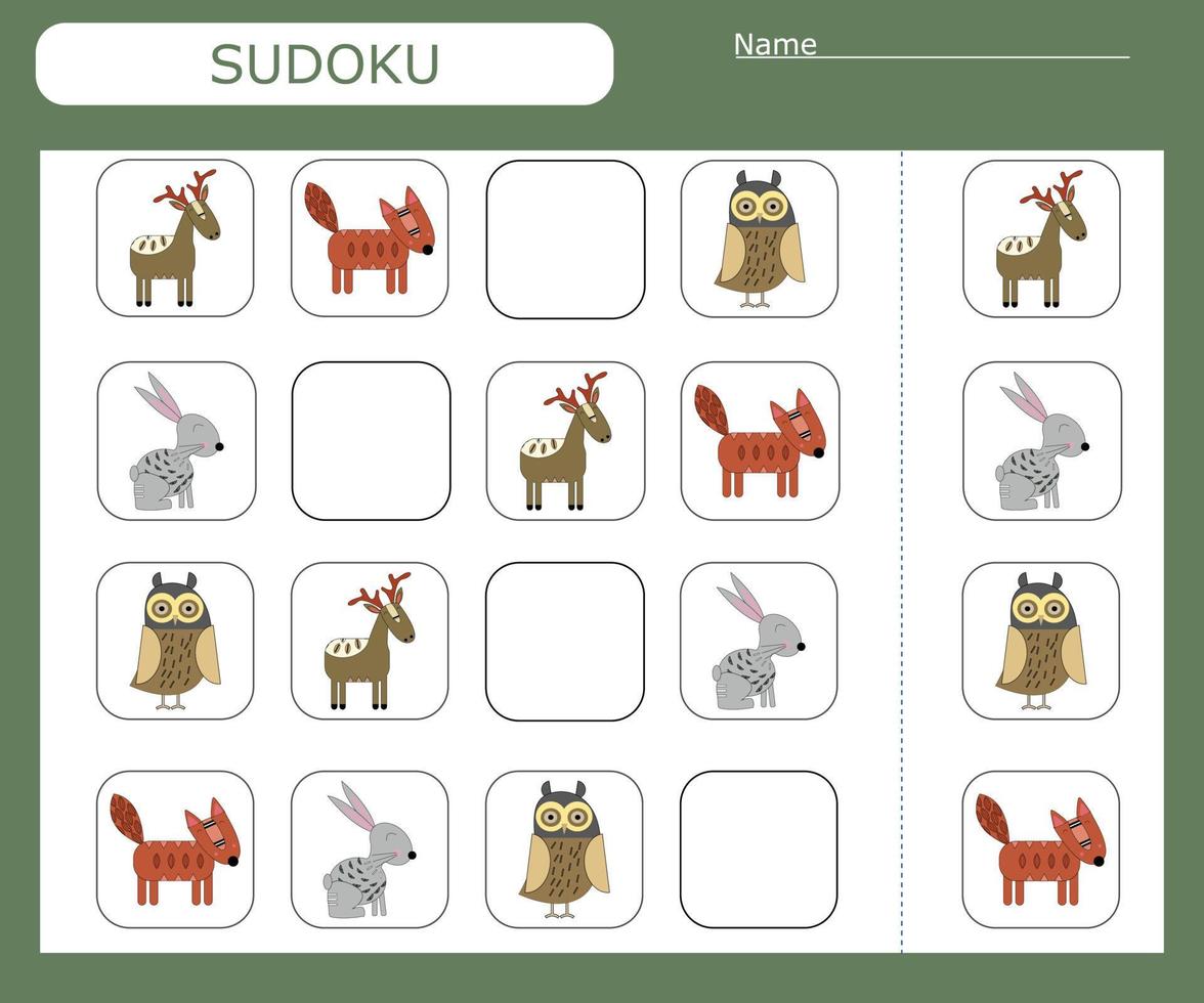 Sudoku game for children with  animals . Kids activity sheet . vector
