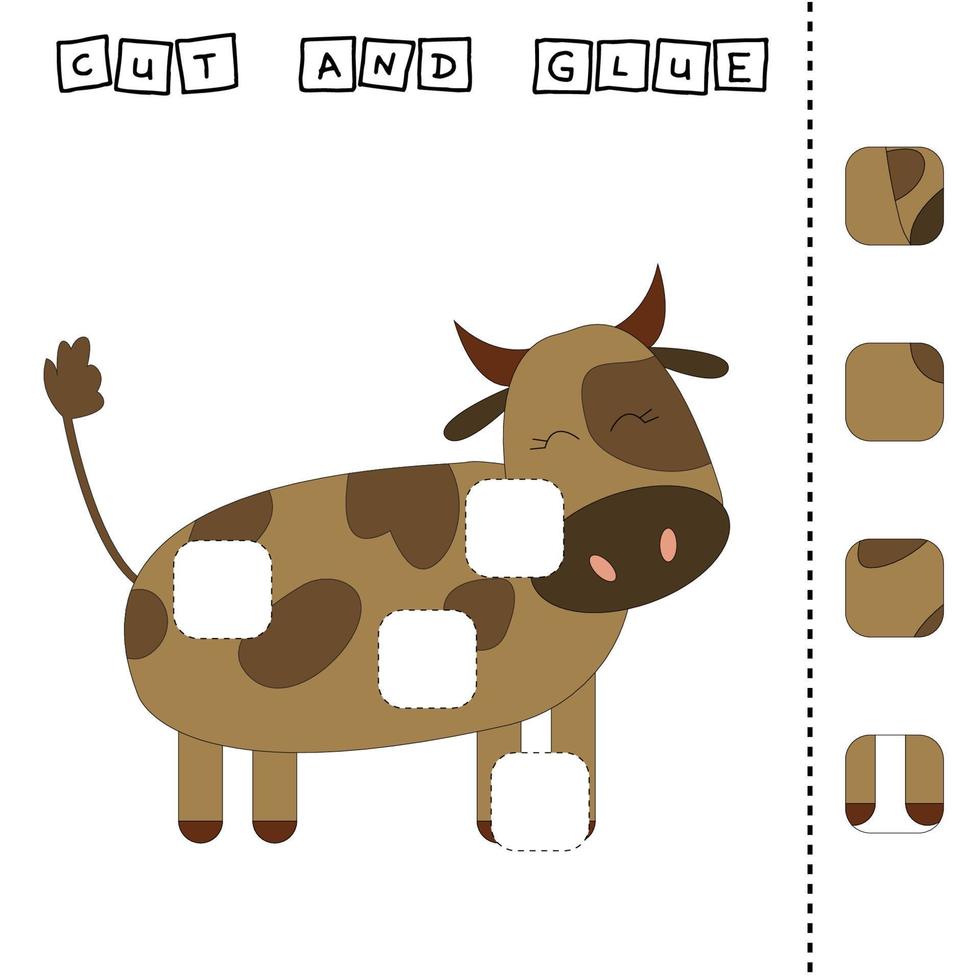 Cut out and glue. Educational game for children. Vector template with cow