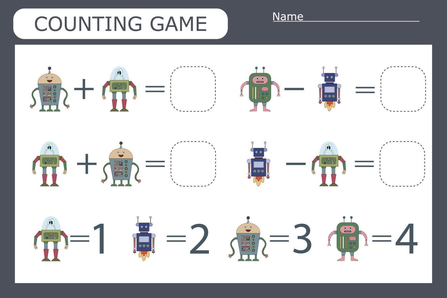 counting game with funny robots . Preschool worksheet, kids activity sheet, printable worksheet vector