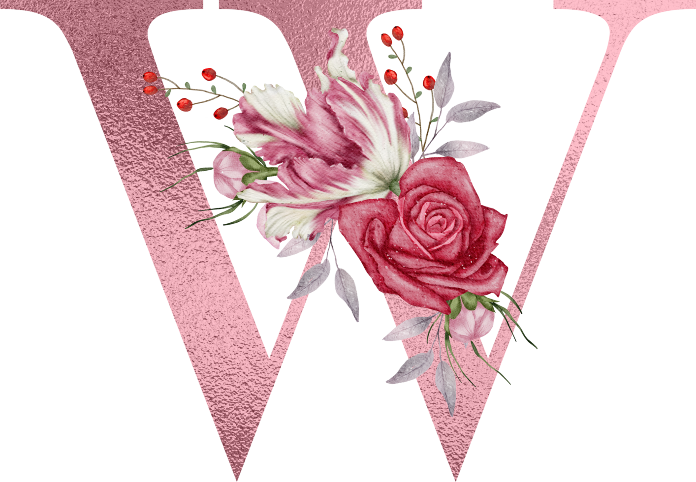 Watercolor Flowers with Rose Gold Alphabet png