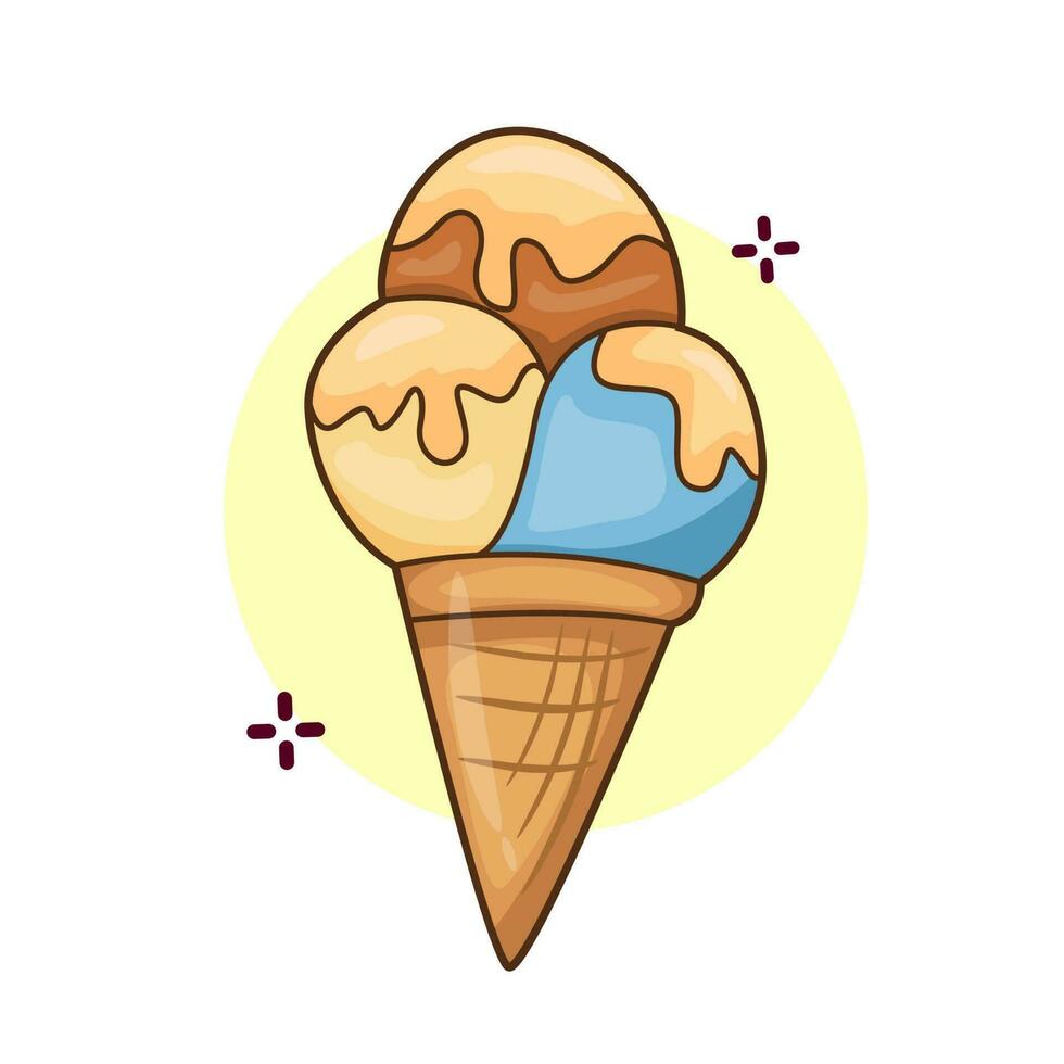 ilustración gráfica vectorial de tres sabores de helado con mermelada de crema y servido con un cono de gofre vector