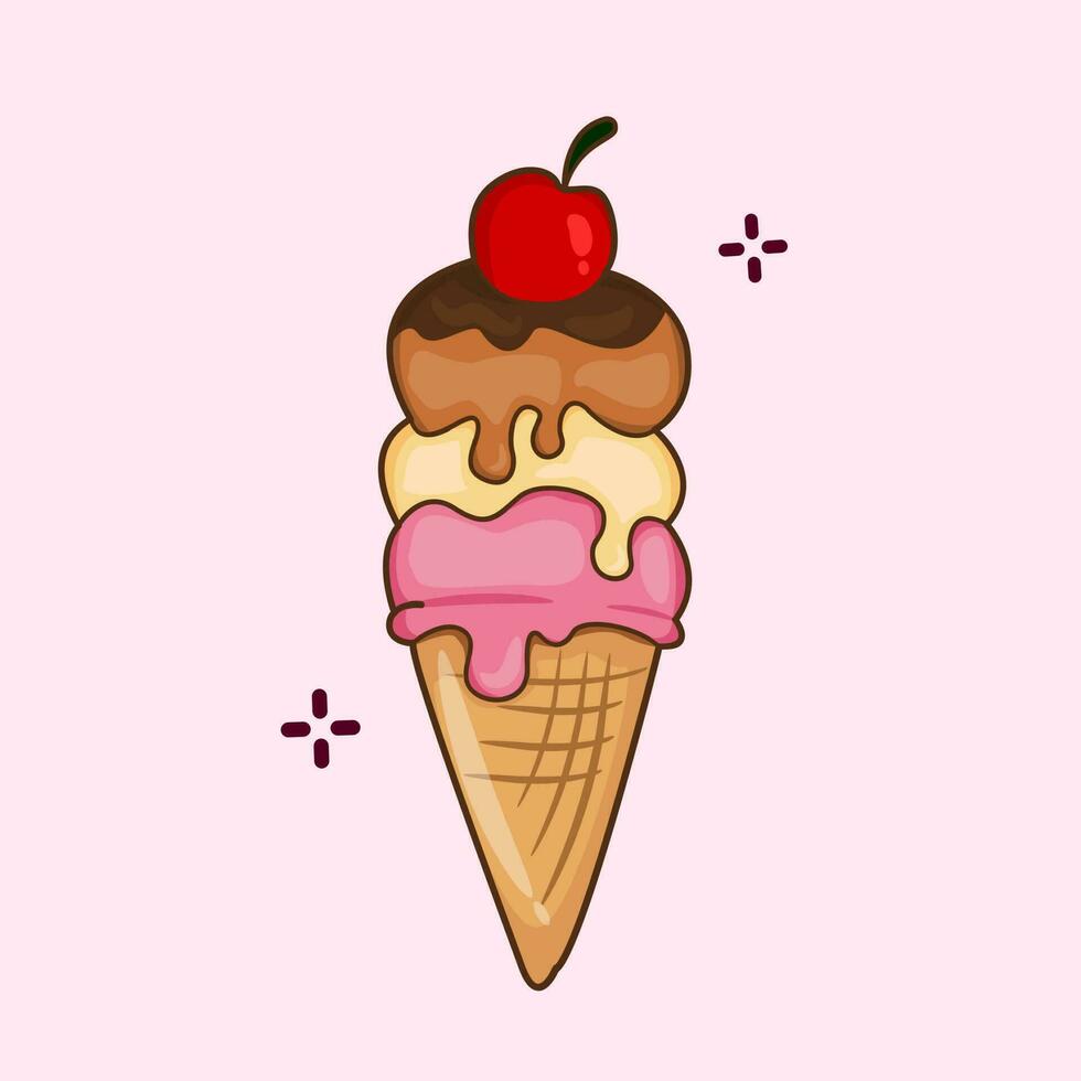 Vector graphic illustration of three flavors of ice cream with cream jam and served with a waffle cone