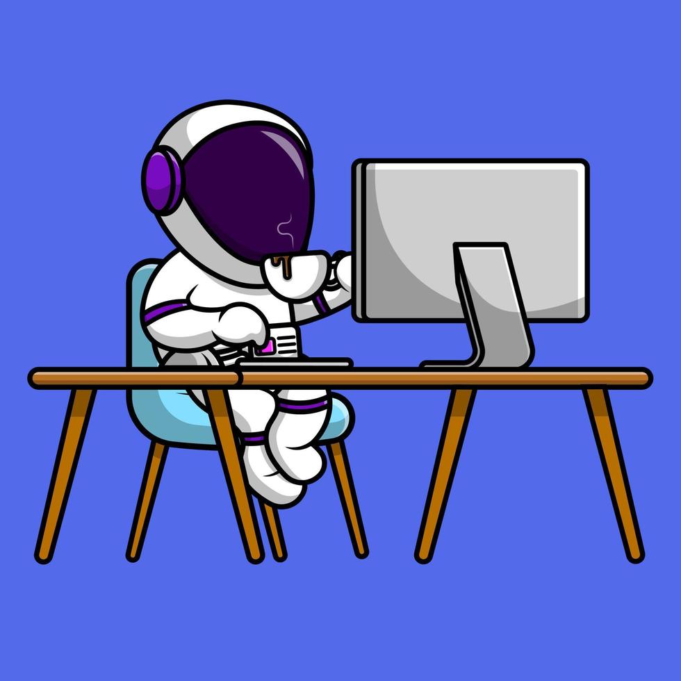 astronauta lindo que trabaja con la computadora y bebe la ilustración del icono del vector de dibujos animados de la taza de café. concepto de dibujos animados plana de tecnología de personas