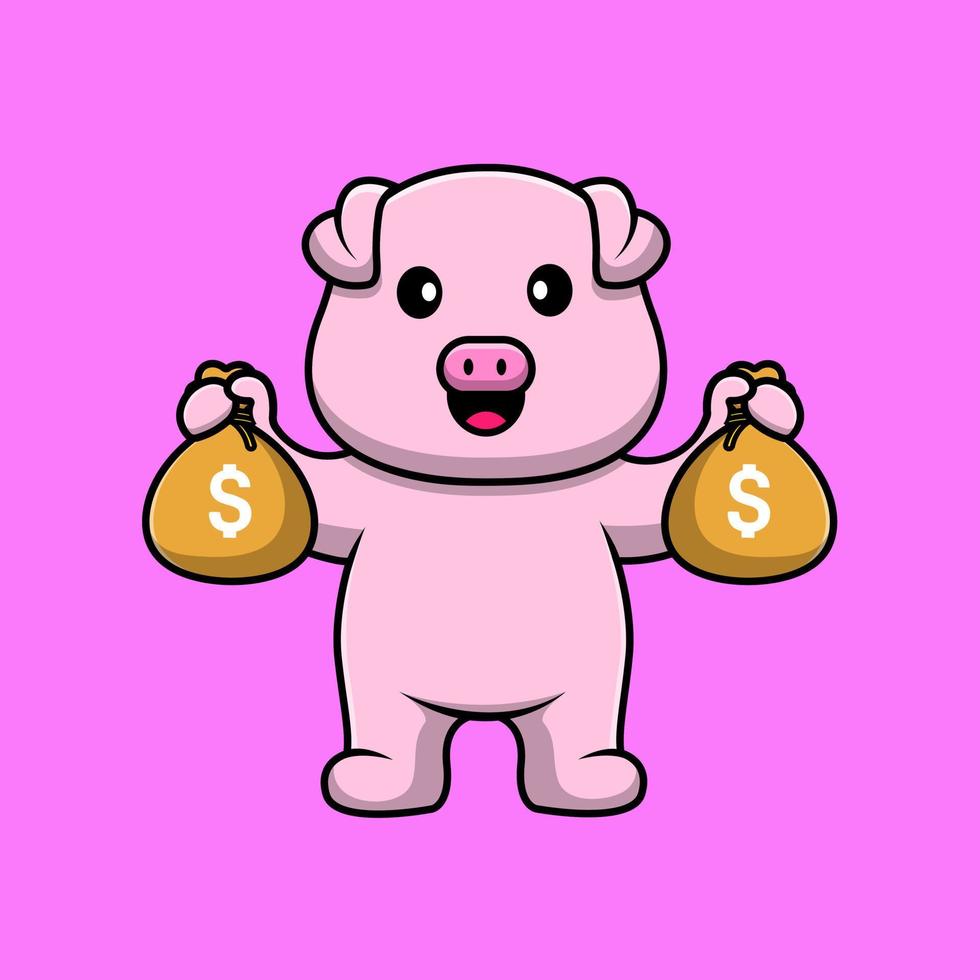 Cute Pig Holding Money Bag Cartoon Vector Icon Illustration. Animal Finance Flat Cartoon Concept