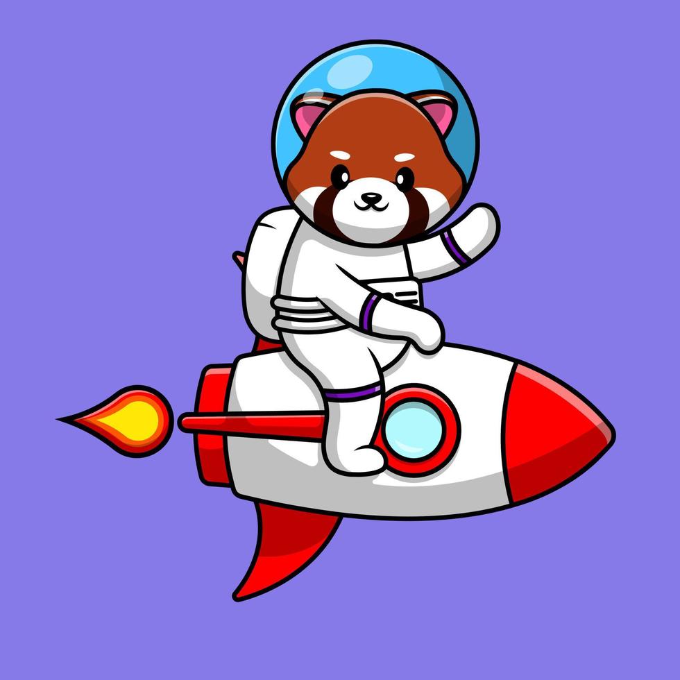 lindo panda rojo astronauta montando cohete y agitando la mano dibujos animados vector icono ilustración. concepto de dibujos animados plana de tecnología animal