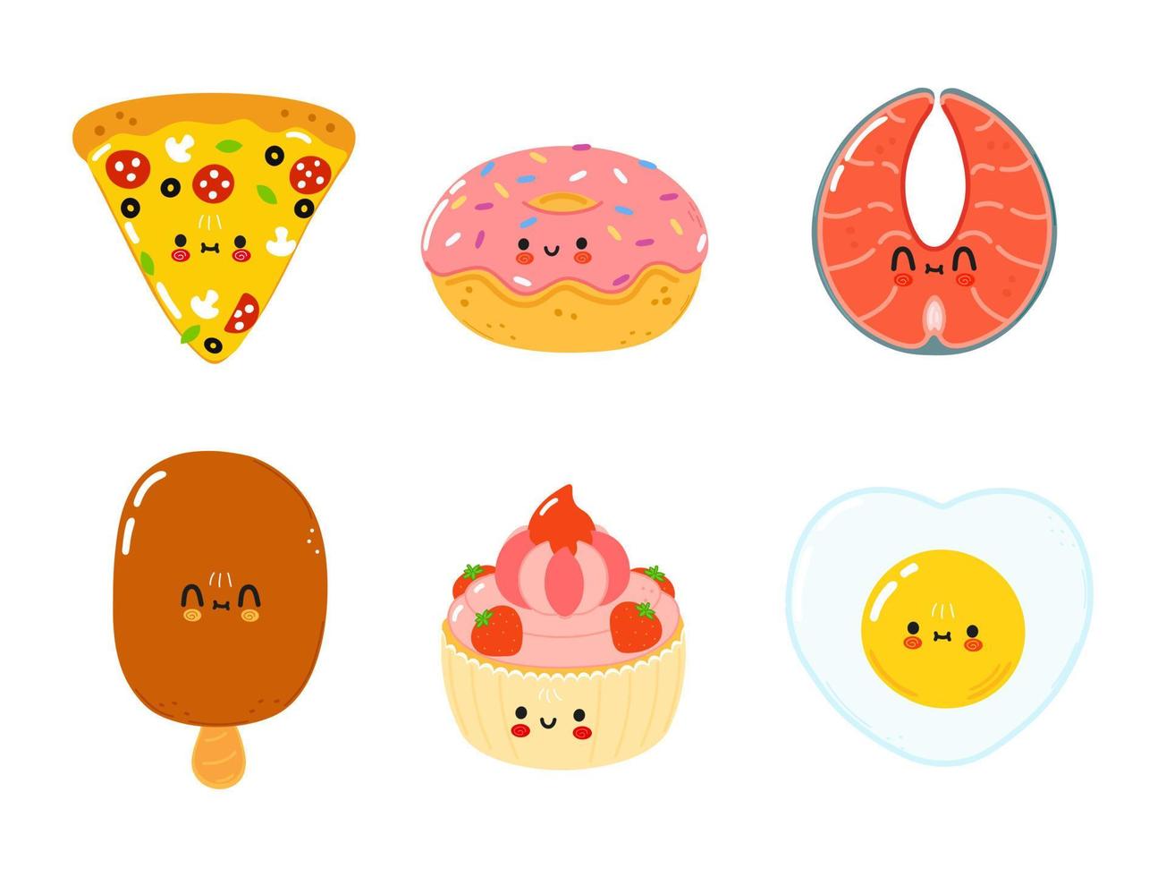 Funny happy fast food characters set. Vector hand drawn cartoon kawaii character illustration. Isolated white background. Cute pizza, donut, red fish, salmon, ice cream, cream, cake, fried egg