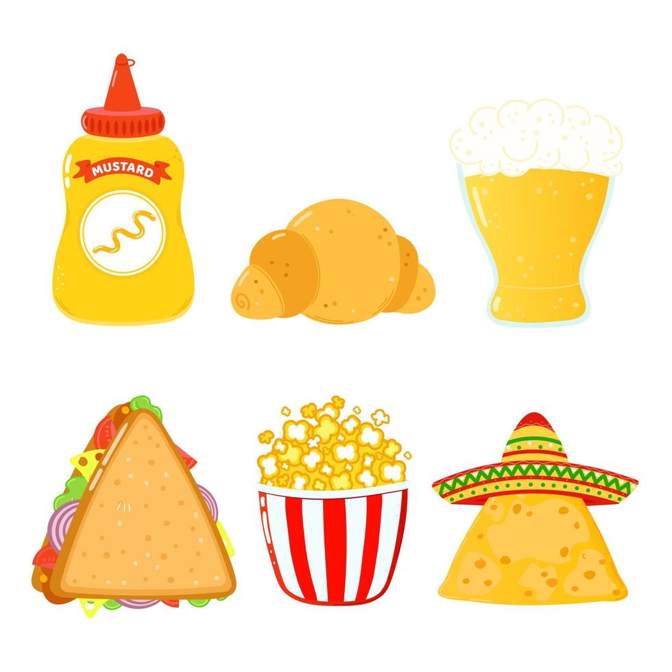 conjunto de divertidos personajes felices de comida rápida. ilustración de personaje kawaii de dibujos animados dibujados a mano vectorial. fondo blanco aislado. linda mostaza, croissant, cerveza, emparedado, palomitas de maiz, nachos vector