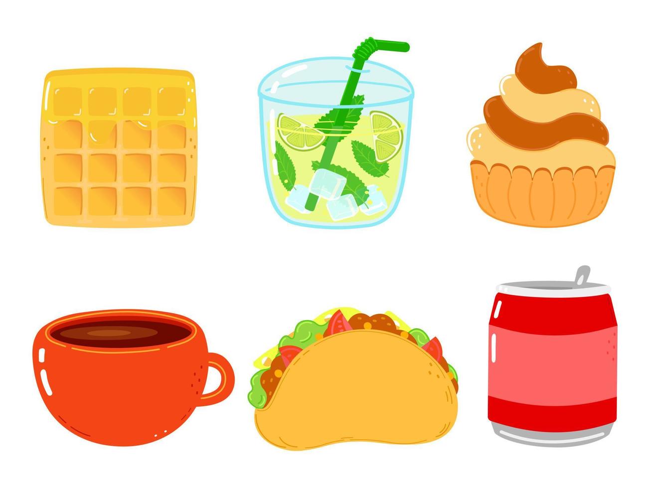 conjunto de divertidos personajes felices de comida rápida. ilustración de personaje kawaii de dibujos animados dibujados a mano vectorial. fondo blanco aislado. linda oblea, mojito, pastel, taza de café, lata de refresco de cola vector