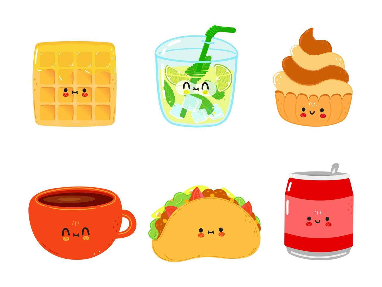 Funny happy fast food characters set. Vector hand drawn cartoon kawaii character illustration. Isolated white background. Cute wafer, mojito, cake, coffee cup, coffee cup, can of cola