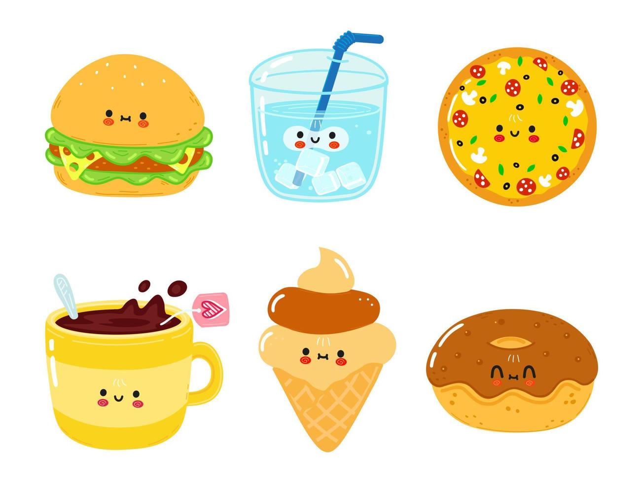 conjunto de divertidos personajes felices de comida rápida. ilustración de personaje kawaii de dibujos animados dibujados a mano vectorial. fondo blanco aislado. lindo sándwich, vaso de agua, pizza, taza de té, helado, donut de chocolate vector