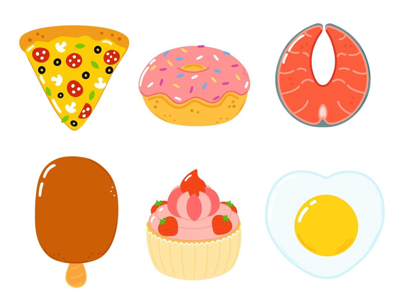 Funny happy fast food characters set. Vector hand drawn cartoon kawaii character illustration. Isolated white background. Cute pizza, donut, red fish, salmon, ice cream, cream, cake, fried egg