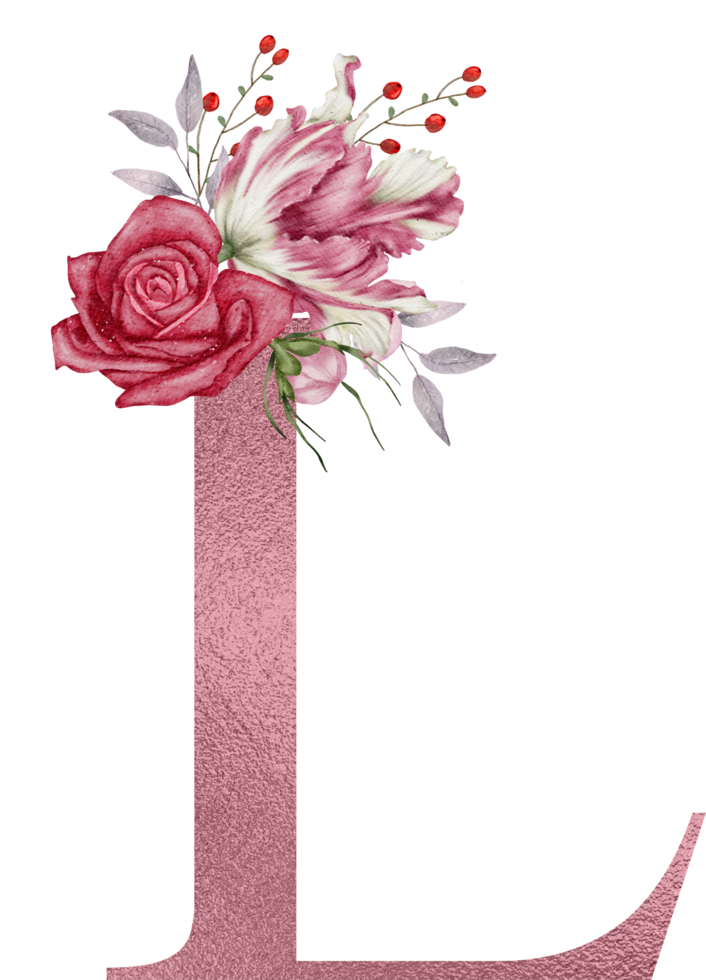 flores em aquarela com alfabeto de ouro rosa png