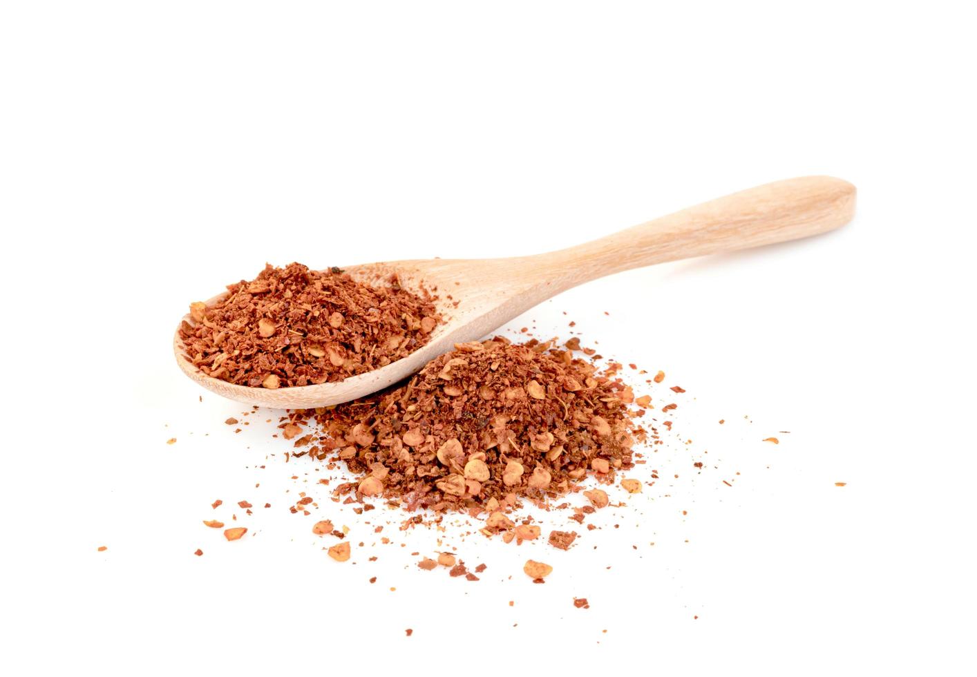 red ground paprika powdered or dry chili pepper with wooden spoon isolated on white background photo