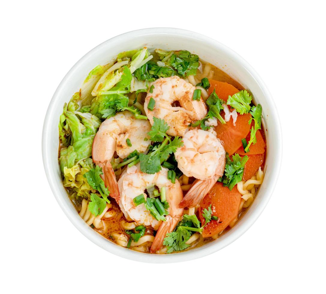 Tom Yum kung with instant noodles and shrimp isolated on white background ,include clipping path photo