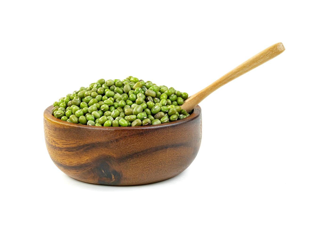 green mung beans with bowl and wooden spoon isolated on white background photo