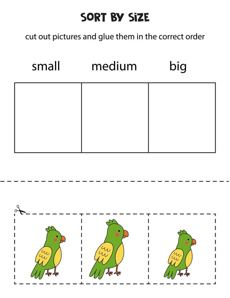 Sort pictures by size. Educational worksheet for kids. vector