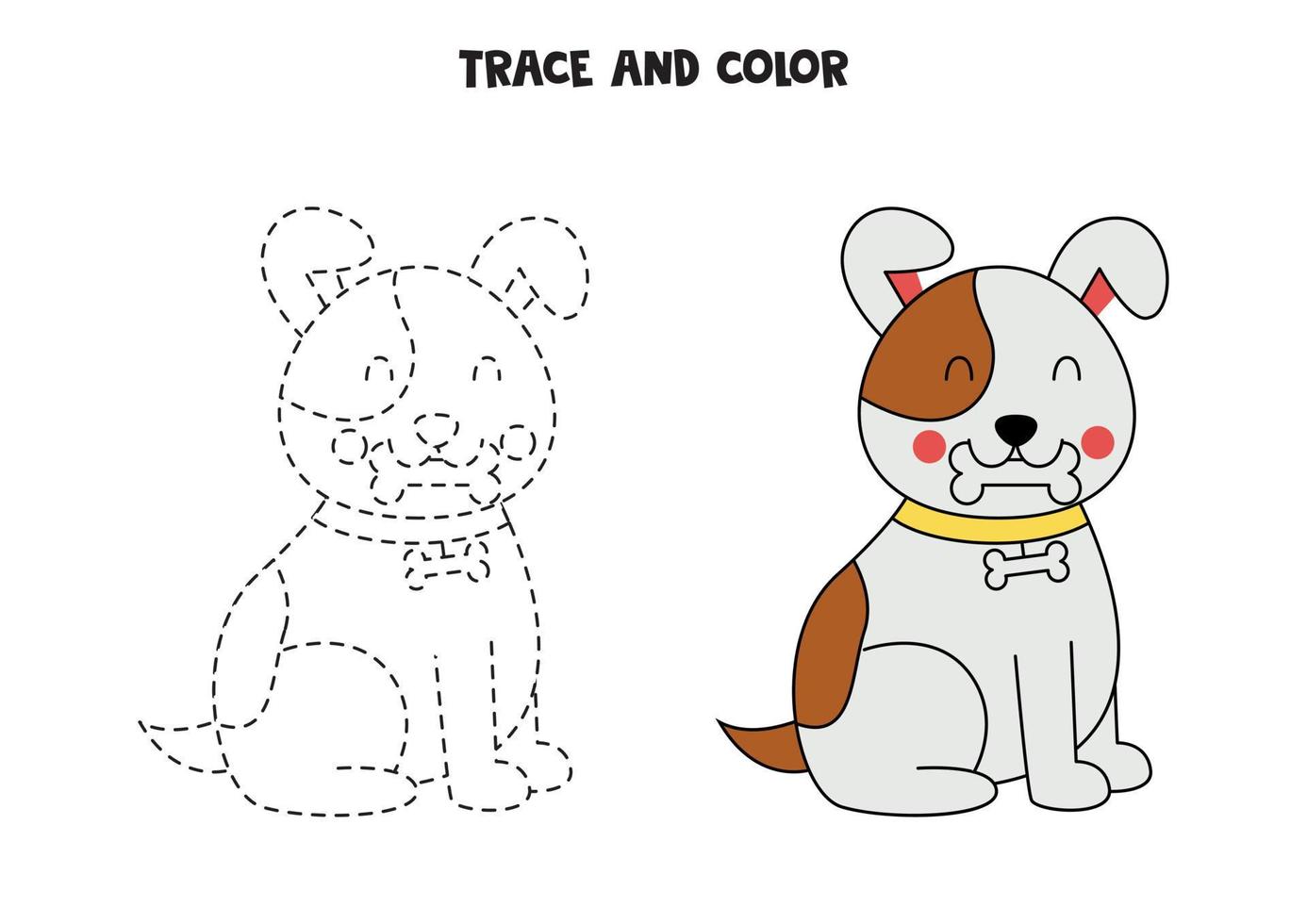 Trace and color cute hand drawn cute dog. Worksheet for children. vector