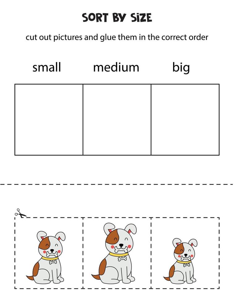 ordenar las imágenes por tamaño. hoja de trabajo educativa para niños. vector