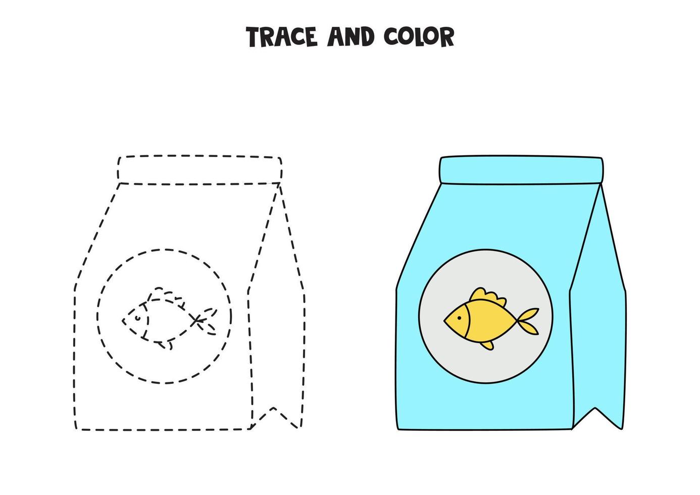 Trace and color cute hand drawn fish food. Worksheet for children. vector