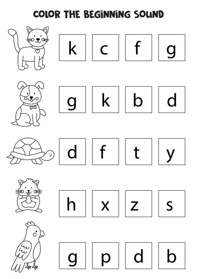 Learning English language for children. Color the beginning sound. vector