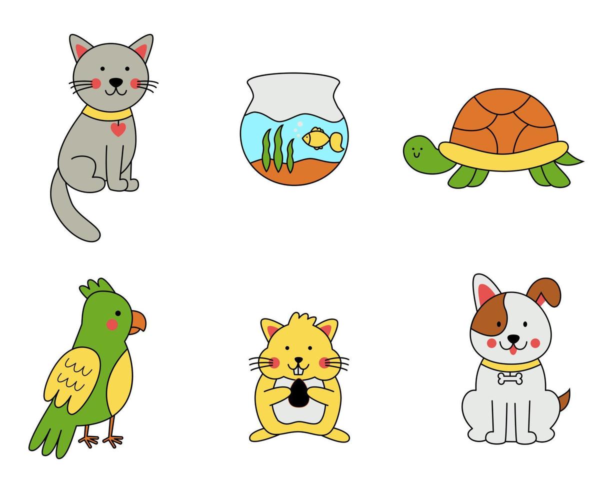 Set of cute hand drawn pets in cartoon style. vector