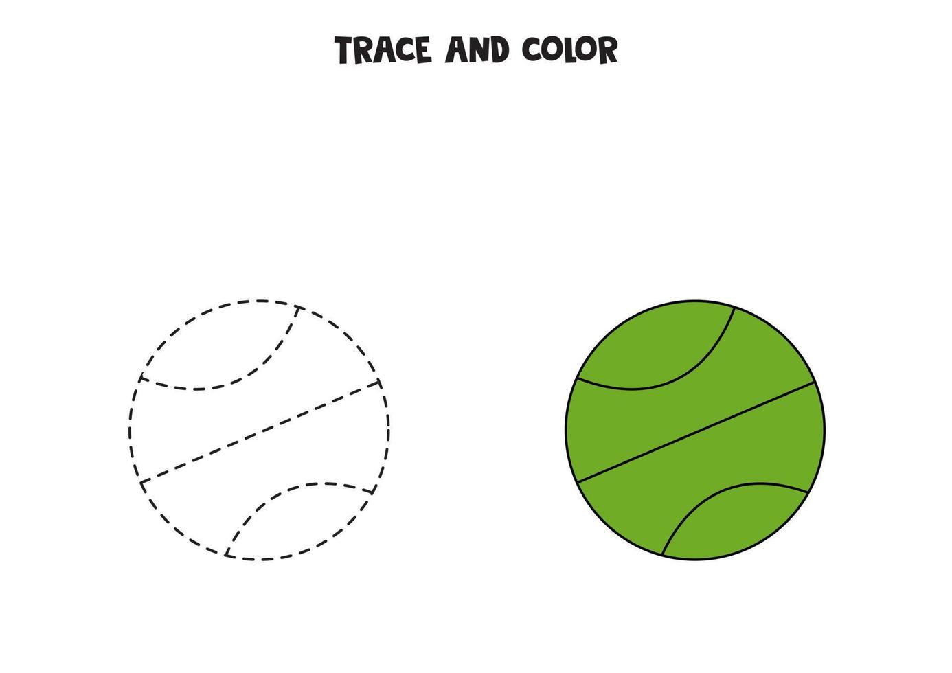 Trace and color cute hand drawn tennis ball. Worksheet for children