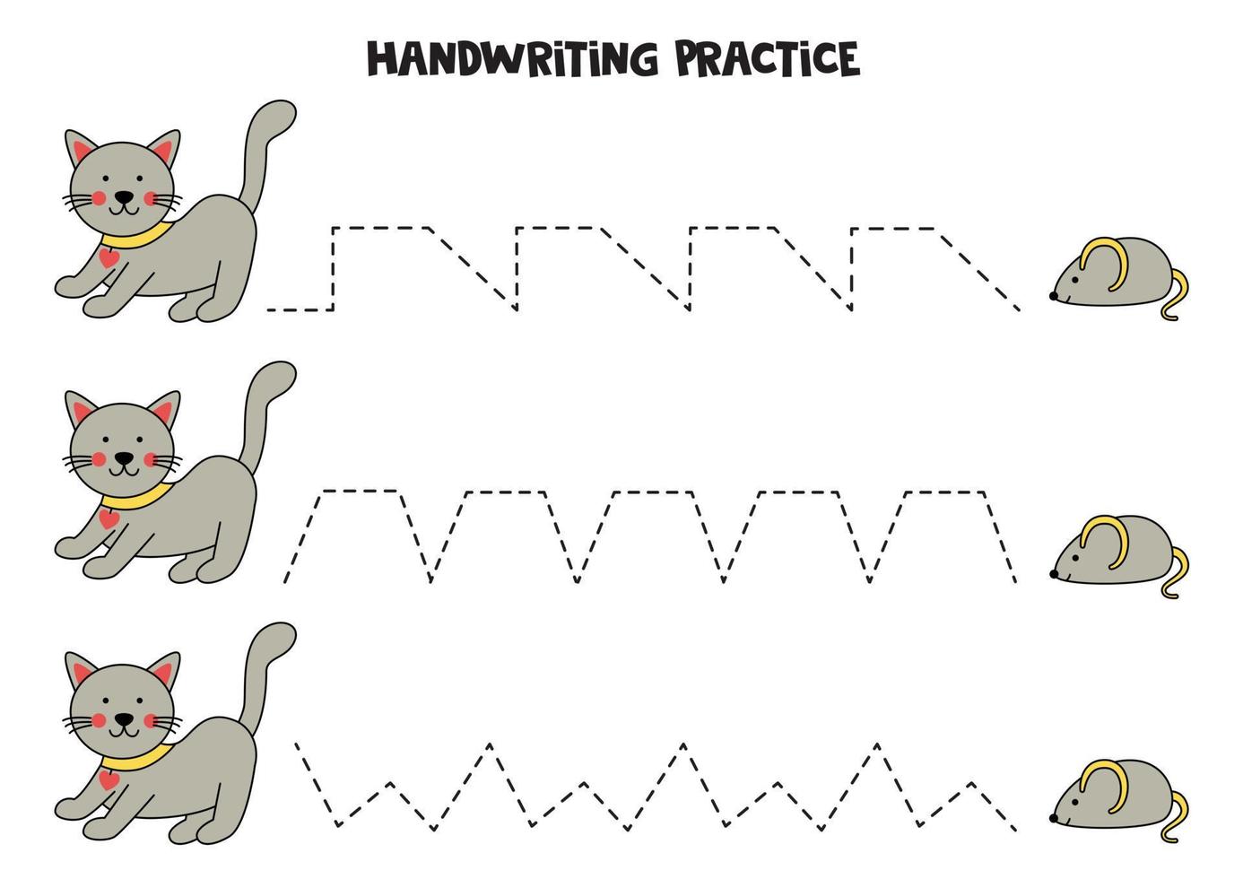 Tracing lines for kids. Cute cat and mouse. Writing practice. vector