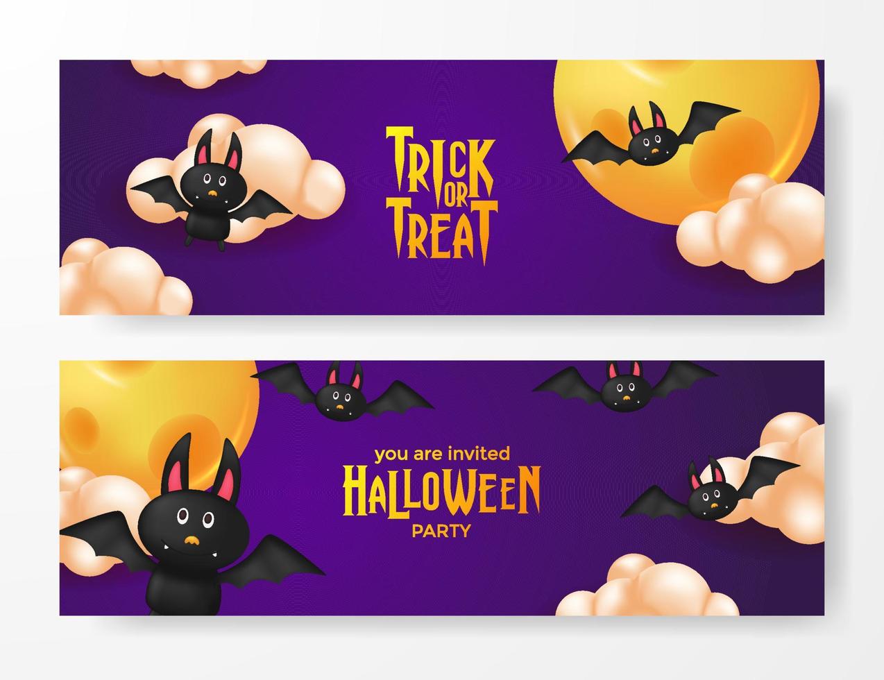 3d cute bat at the purple night with moon and cloud illustration for halloween party banner invitation vector