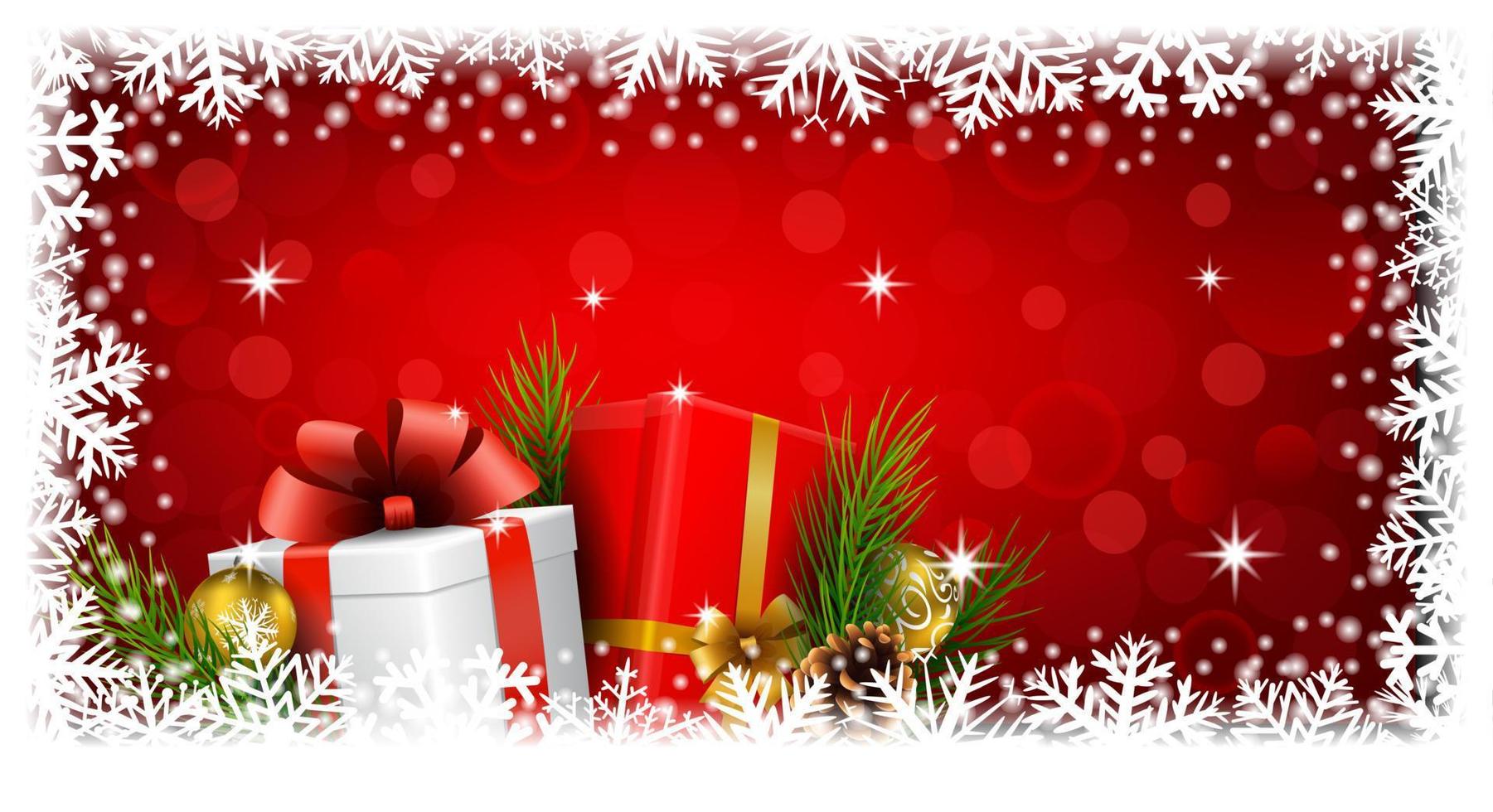 cajas de regalos de navidad y decoración de bolas sobre fondo de luz roja vector