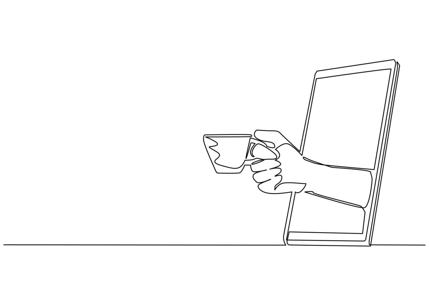 Continuous one line drawing hand holding cup of hot coffee through mobile phone. Concept of cafe drink order delivery online food. App for smartphones. Single line draw design vector illustration