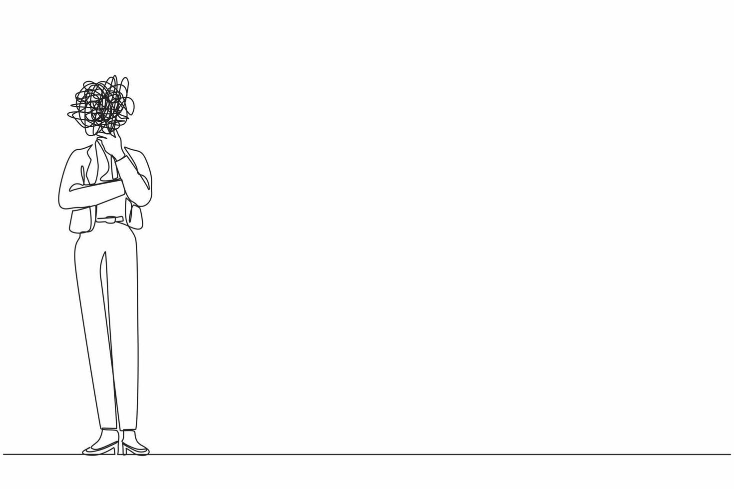 Single continuous line drawing businesswoman with round scribbles instead of head. Female manager standing in thoughtful pose holding her chin thinking and finding answer. One line draw design vector