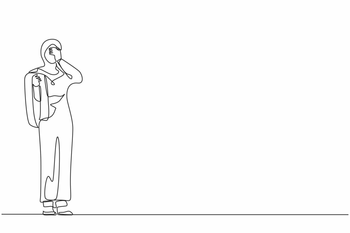 Single one line drawing financial problems bankruptcy concept. Sad depressed Arab businesswoman standing thinking about finding money for paying bills during crisis. Continuous line draw design vector