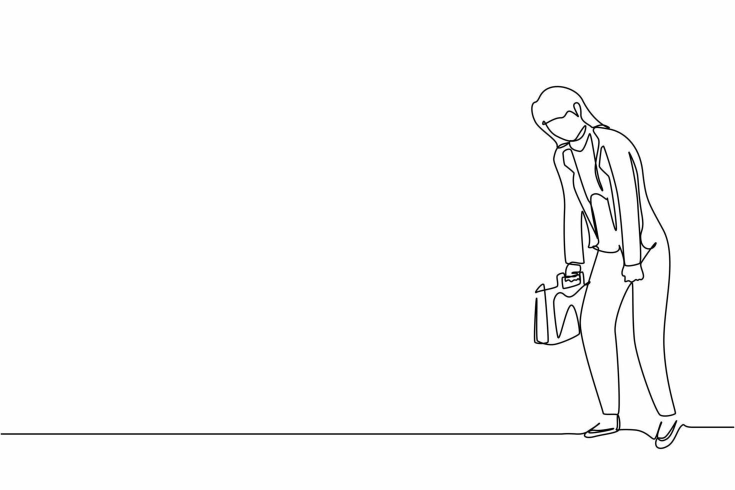 Single one line drawing sad businesswoman looking down, holding briefcase. Woman having mental pressure or stress. Bankruptcy on global economic recession. Continuous line draw design graphic vector