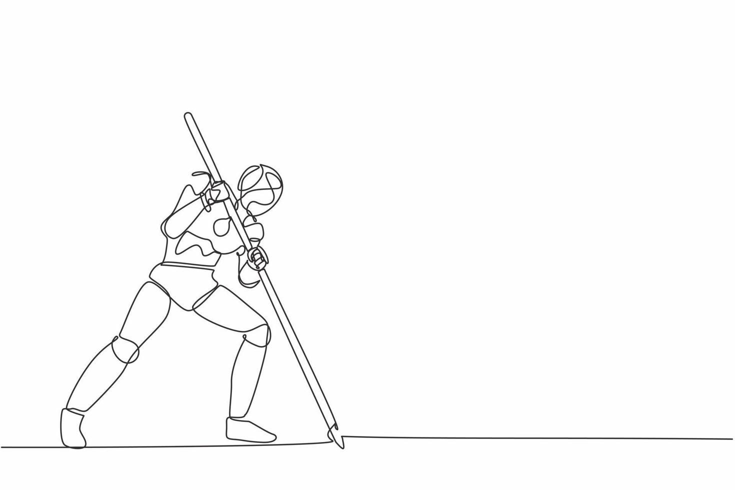 Single continuous line drawing robot mark goal with arrow, hit target on ground. Modern robotic artificial intelligence. Electronic technology industry one line draw graphic design vector illustration