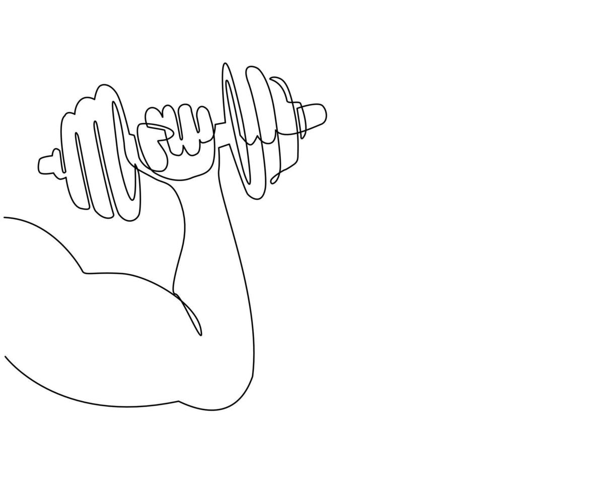 Single continuous line drawing hand holding dumbbell. Hand with muscle in holding barbell. Gym and fitness center concept. Fitness and workout contour symbol. One line draw design vector illustration