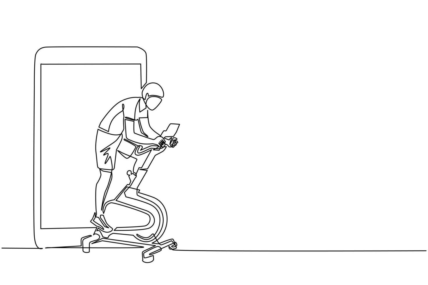 Continuous one line drawing man riding stationary bicycle and smartphone. Stationary bike. Static bike sports men in the gym, sports and health, fitness. Single line draw design vector illustration