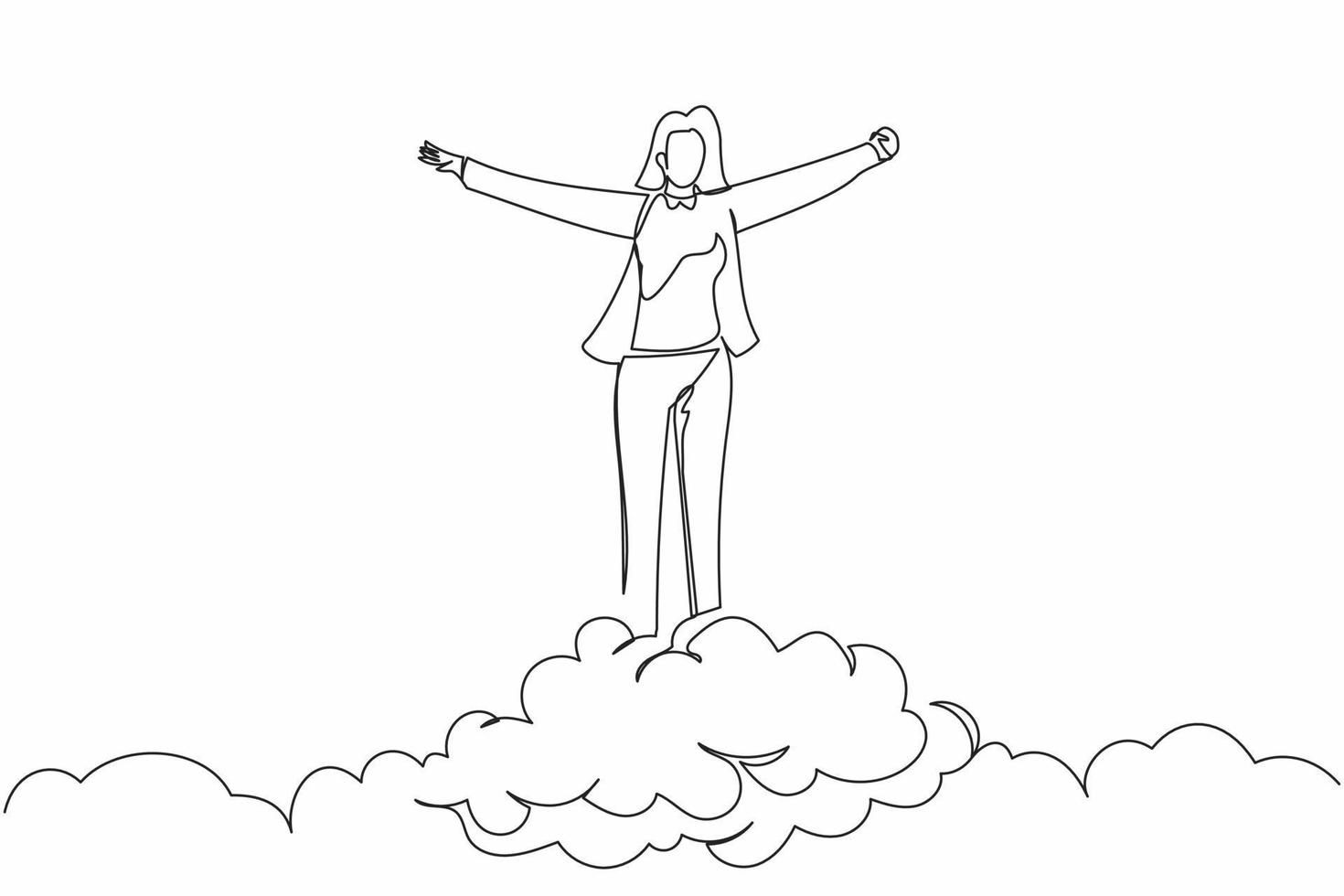 Continuous one line drawing happy businesswoman on top of cloud with raised hands. Successful business project. Financial freedom, happiness, peaceful. Single line design vector graphic illustration