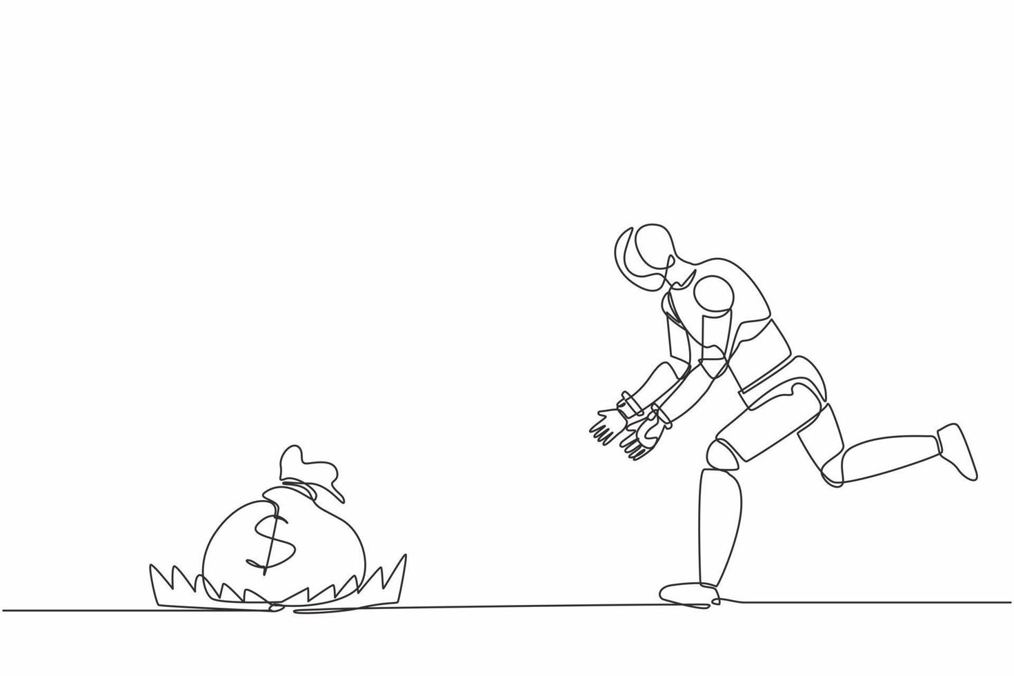 robot de dibujo continuo de una línea corriendo para atrapar la bolsa de dinero en la trampa de acero para osos. organismo cibernético robot humanoide. futuro desarrollo robótico. ilustración gráfica de vector de diseño de dibujo de una sola línea