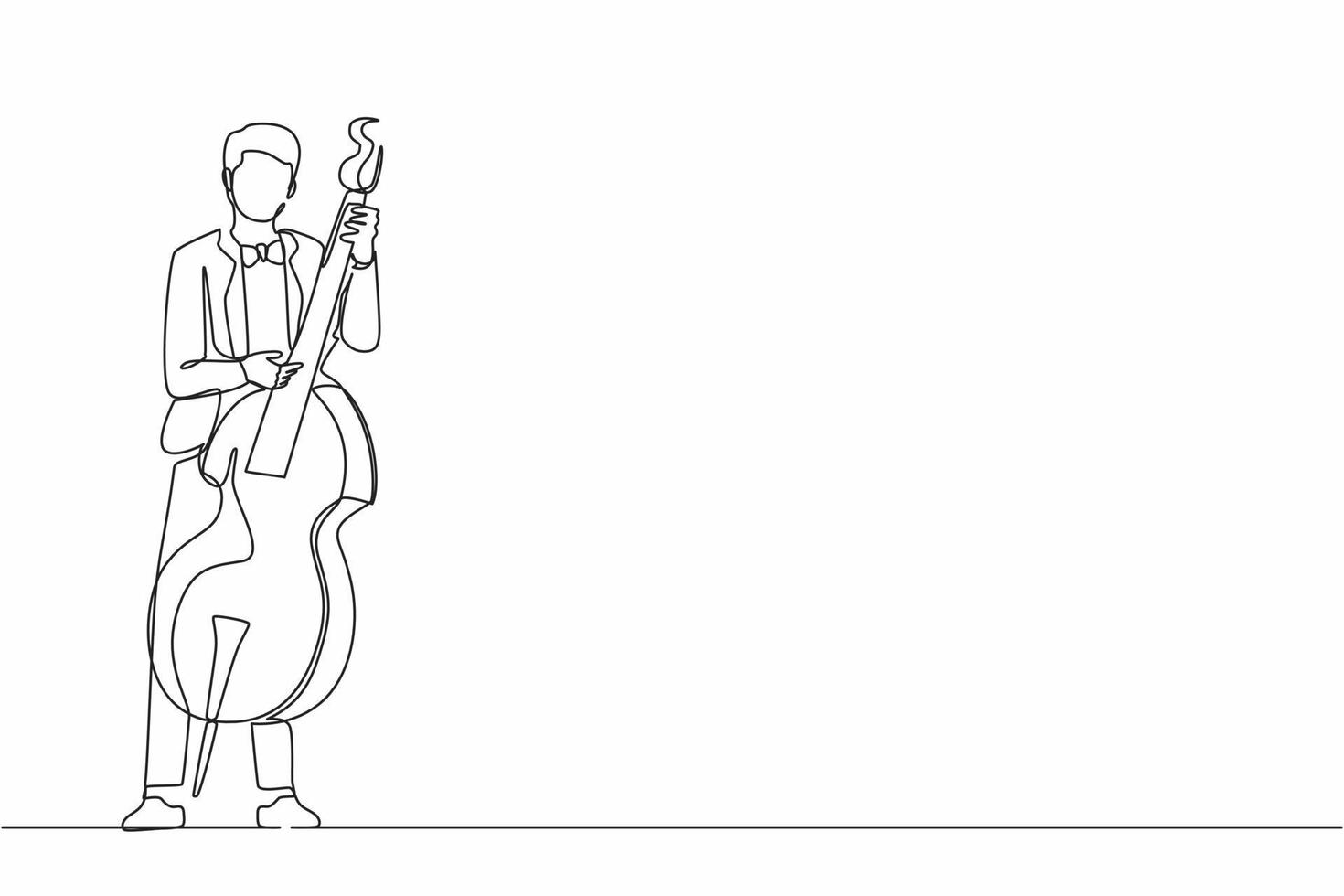 Continuous one line drawing double bass player standing with big string instrument. Man musician playing classical music with fingers. Professional contrabassist. Single line graphic design vector